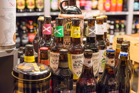 Dusseldorf, Germany - December 1, 2017 : Craft beer bottles at Christmas market in the city of Dusseldorf, an international business and financial centre, renowned for its fashion and trade fairs.のeditorial素材
