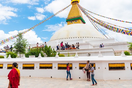 Kathmandu, Nepal - July 15, 2018 : View over Boudhanath ( Boudha ) Stupa, a UNESCO heritage site and an important place of pilgrimage and worship for Buddhists all over the world.のeditorial素材