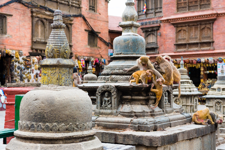 Kathmandu, Nepal - July 15, 2018 : View over architectural details and monkeys at Monkey temple Swayambhunath Stupa complex, a UNESCO heritage site and an important place of worship for Buddhistsのeditorial素材