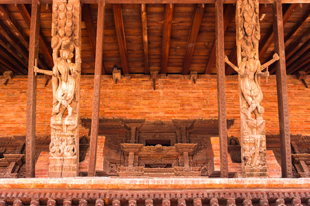 Bhaktapur, Nepal - July 16, 2018 : Traditional wooden elements in Bhatktapur city, famous for the best-preserved palace courtyards and old city center in Nepal, is also a UNESCO World Heritage Siteのeditorial素材