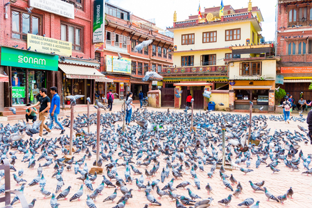 Kathmandu, Nepal - July 15, 2018 : Street view at Boudhanath ( Boudha ) Stupa complex, a UNESCO heritage site and an important place of pilgrimage and worship for Buddhists all over the world.のeditorial素材