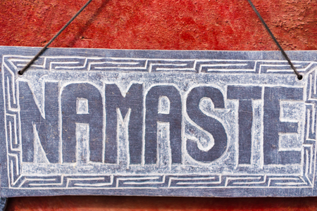 Kathmandu, Nepal - July 15, 2018 : Namaste sign as souvenir at Monkey temple Swayambhunath Stupa complex, a UNESCO heritage site and an important place of pilgrimage for Buddhists all over the worldのeditorial素材