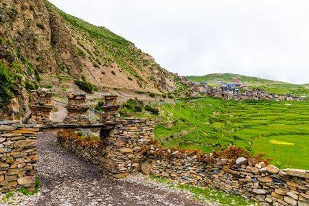 Green terraced fields and traditional architecture in the ancient Tibetan Nar village, Annapurna Conservation Area, Nepalの写真素材