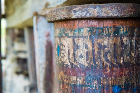 Nar village, Annapurna Conservation Area, Nepal - July 22, 2018 : Prayer wheels in the ancient Tibetan Nar village, Annapurna Conservation Area, Nepalのeditorial素材