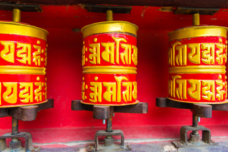 Ngawal village, Annapurna Conservation Area, Nepal - July 24, 2018 : Prayer wheels in Tibetan Buddhist tradition are used to accumulate wisdom and merit and to purify negativitiesのeditorial素材