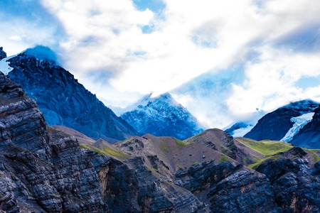 Nature view with snowy peaks in Annapurna Conservation Area, a hotspot destination for mountaineers and Nepal's largest protected area.の写真素材