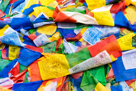 Annapurna Conservation Area, Nepal - July 28, 2018 : Prayer flags on Thorang-la pass, Annapurna Circuit, Annapurna Conservation Area, the largest protected area of Nepalのeditorial素材