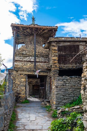Manang village, Annapurna Conservation Area, Nepal - July 24, 2018 : Traditional architecture in the ancient Manang village, Annapurna Conservation Area, the largest protected area of Nepalのeditorial素材