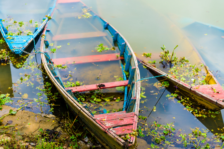Detail of colourful boat on Phewa lake in Pokhara, the most popular and visited lake of Nepal.の写真素材