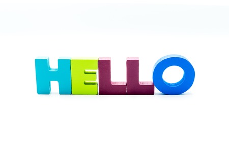 Word HELLO written with colourful wooden letters, isolated over white with copy space. Business conceptの写真素材