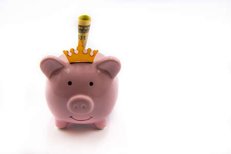 Pink piggy bank with golden crown and USD banknote isolated over white background with copy space, cash is king concept imageの写真素材