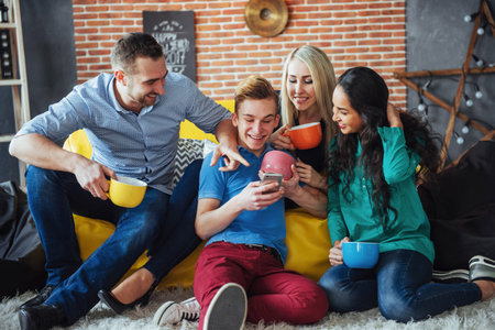 Group portrait of Cheerful old friends communicate with each other, friend posing on cafe, Urban...