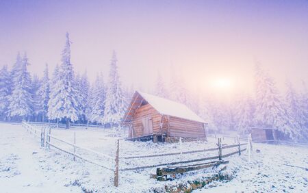 sunset in the winter mountainsの写真素材
