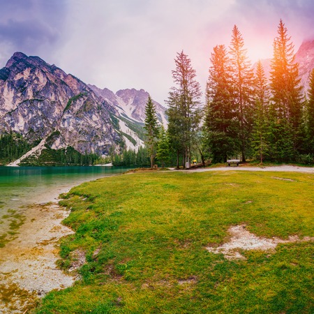 Mountain lake between by mountainsの写真素材