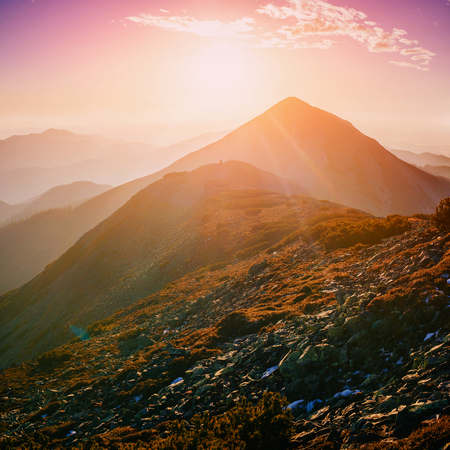 magic sunset in the mountains of Ukraineの写真素材