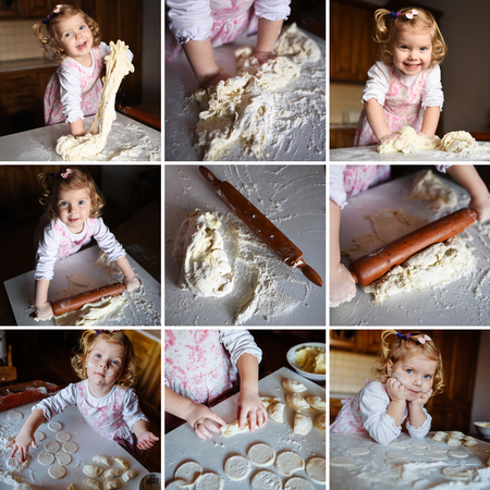 baker girl in chef hat at kitchenの写真素材