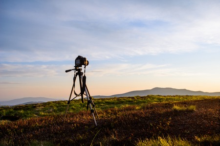 Panorama at sunset with a cameraの写真素材