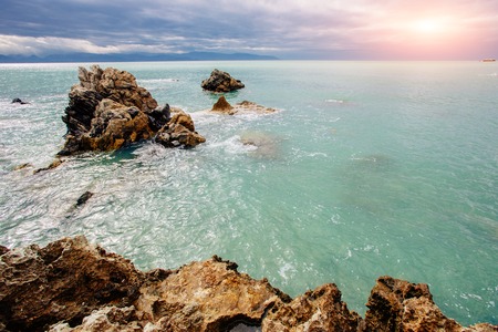 Scenic rocky coastline Cape Milazzo.Sicily, Italy.の写真素材
