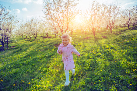 Little baby girl that runs between flowering trees at sunset. Arの写真素材