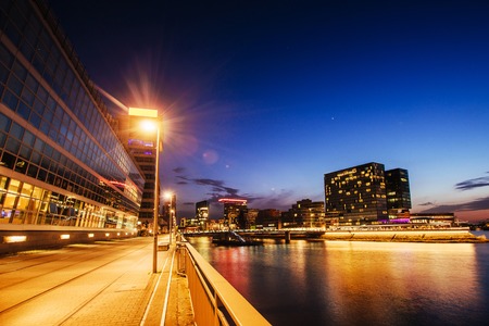 Night city landscape Dyusildorf. Media harbor. Germany. Soft ligの写真素材