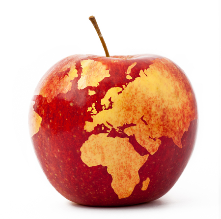 Tasty juicy apple close up with a map on  white background.の写真素材