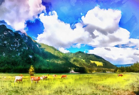 The works in the style of watercolor painting. Cows on pasture.の写真素材