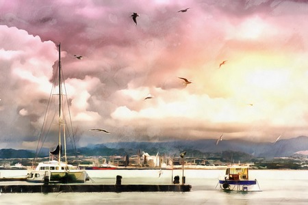 The works in the style of watercolor painting. Ship at seaの写真素材