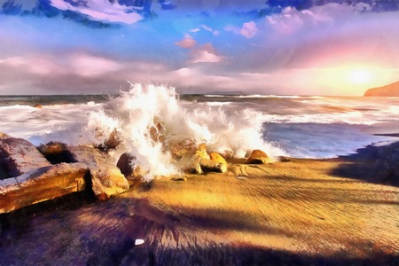 The works in the style of watercolor painting. Sea coast at sunsの写真素材