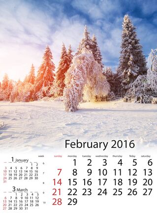 Calendar February 2016 - winter landscape trees.の写真素材