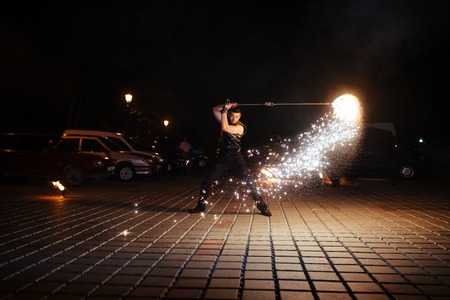 Amazing Fire Show at nightの写真素材