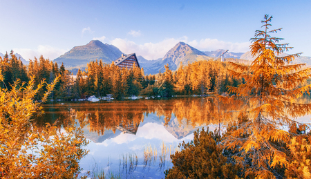 Majestic mountain lake in National Park High Tatra. Strbske pleso, Slovakia, Europe.の写真素材