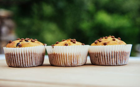 Fresh chocolate chip muffin close up on derevyanomi Fireの写真素材