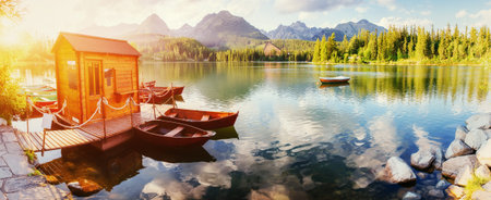 Boat on the dock surrounded mountains. Fantastic Shtrbske Plesoの写真素材
