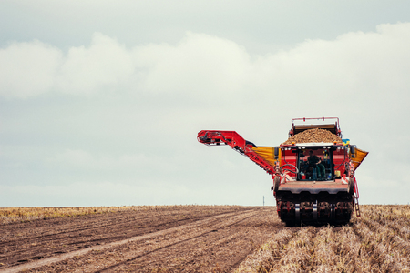 tractors working in the fieldの写真素材
