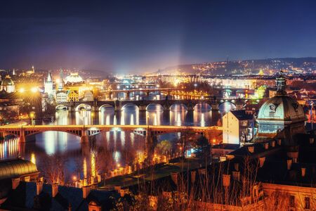 Evening View of The Vltava River and Bridges in Pragueの写真素材