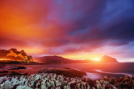 Spring view of the coast at sunset city Trapani. Sicilyの写真素材