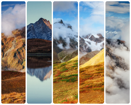 Creative collage on mountain lake Koruldi.の写真素材