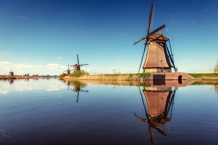 Colorful spring day with traditional Dutch windmills canalの写真素材