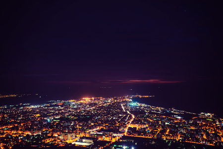 Fantastic aerial view of city illuminated with lights. Locationの写真素材