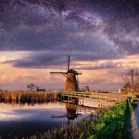 Dutch mill at night. Starry sky. Holland. Netherlandsの写真素材