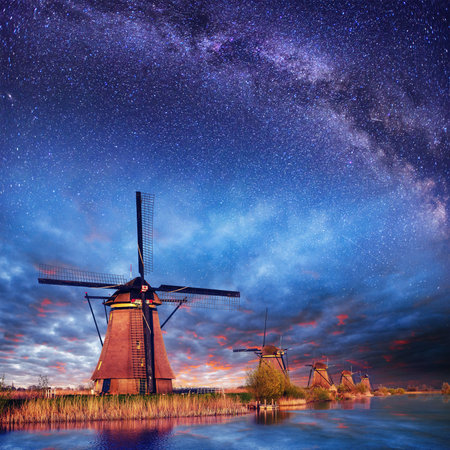Dutch mill at night. Starry sky. Holland. Netherlandsの写真素材