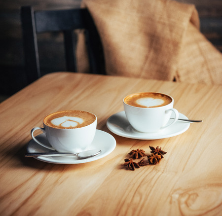 Two cups of gourmet coffee house cappuccinoの写真素材
