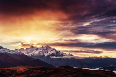 Thick fog on the mountain pass Goulet. Georgia, Svaneti. Europeの写真素材