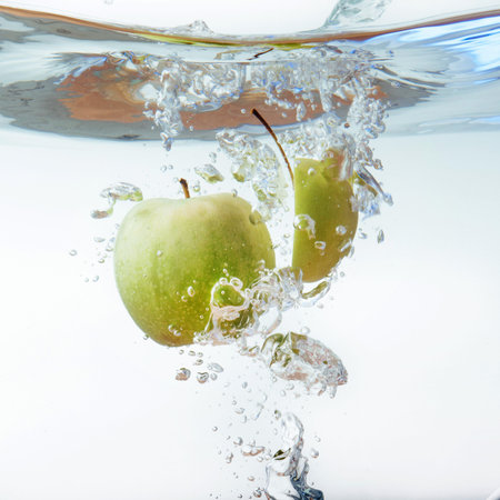 Green apple under water with a trail of transparent bubblesの写真素材