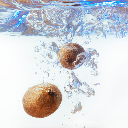 Bubbles forming in blue water after kiwiの写真素材
