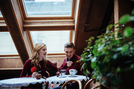 Beautiful young man and woman are celebrating Valentine dayの写真素材