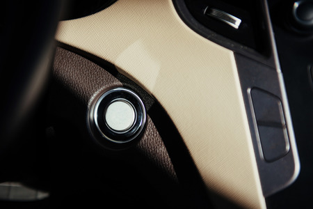 Modern car interior dashboard and steering wheelの写真素材