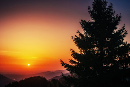 colorful sky with sun background in mountains. sunset, sunrise.