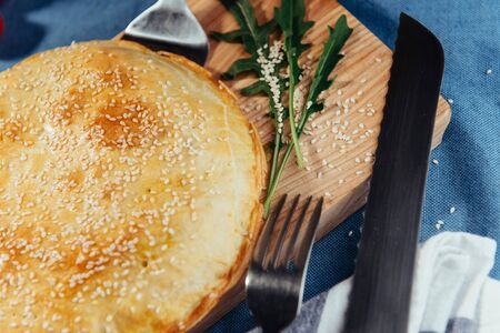 Pie with meat, homemade cakes. Advertising shooting menu.の写真素材