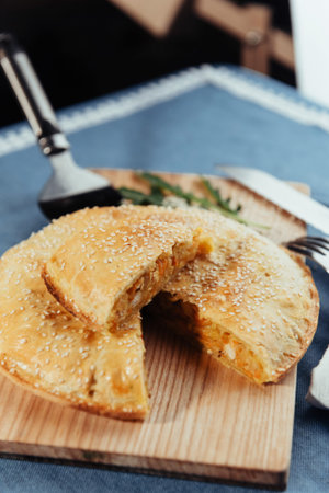 Pie with meat, homemade cakes. Advertising shooting menu.